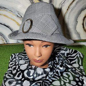 Women's Black White Fedora Silver Buckle Hat